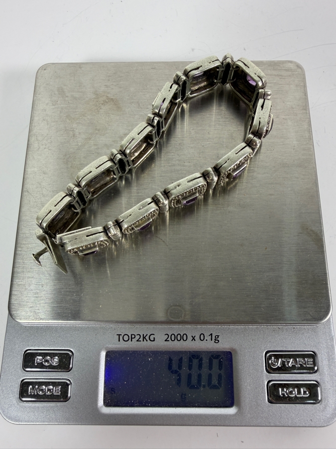 Vintage Style Sterling Silver Square Panel Link Marcasite And Princess Cut Amethyst Bracelet 7.5'L 40g [Photo 9]