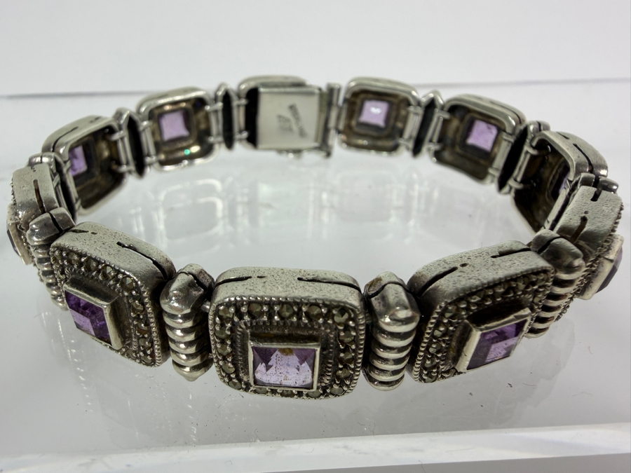Vintage Style Sterling Silver Square Panel Link Marcasite And Princess Cut Amethyst Bracelet 7.5'L 40g [Photo 3]