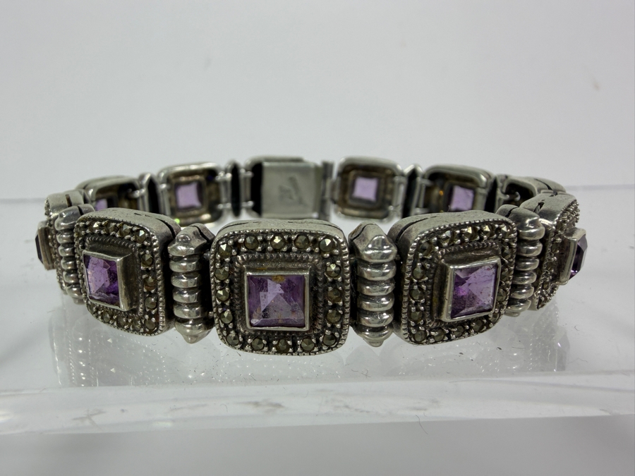 Vintage Style Sterling Silver Square Panel Link Marcasite And Princess Cut Amethyst Bracelet 7.5'L 40g [Photo 2]
