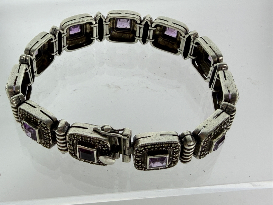 Vintage Style Sterling Silver Square Panel Link Marcasite And Princess Cut Amethyst Bracelet 7.5'L 40g [Photo 7]