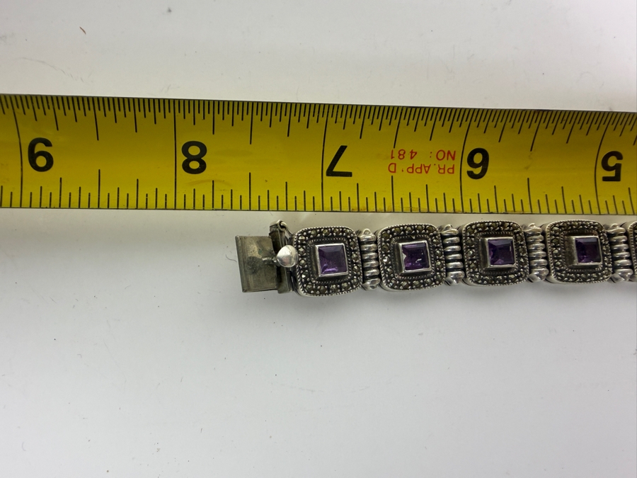 Vintage Style Sterling Silver Square Panel Link Marcasite And Princess Cut Amethyst Bracelet 7.5'L 40g [Photo 8]