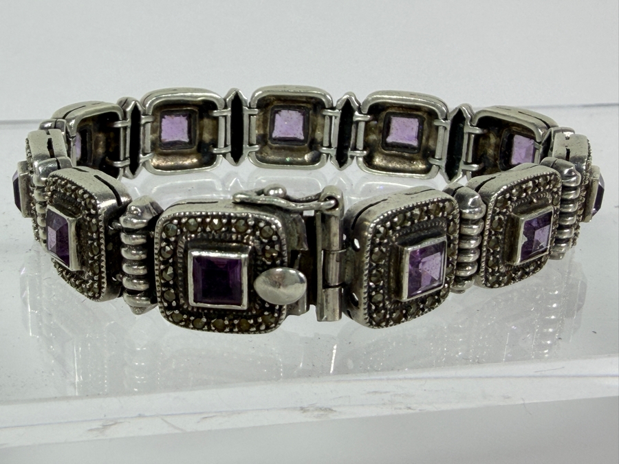 Vintage Style Sterling Silver Square Panel Link Marcasite And Princess Cut Amethyst Bracelet 7.5'L 40g [Photo 6]