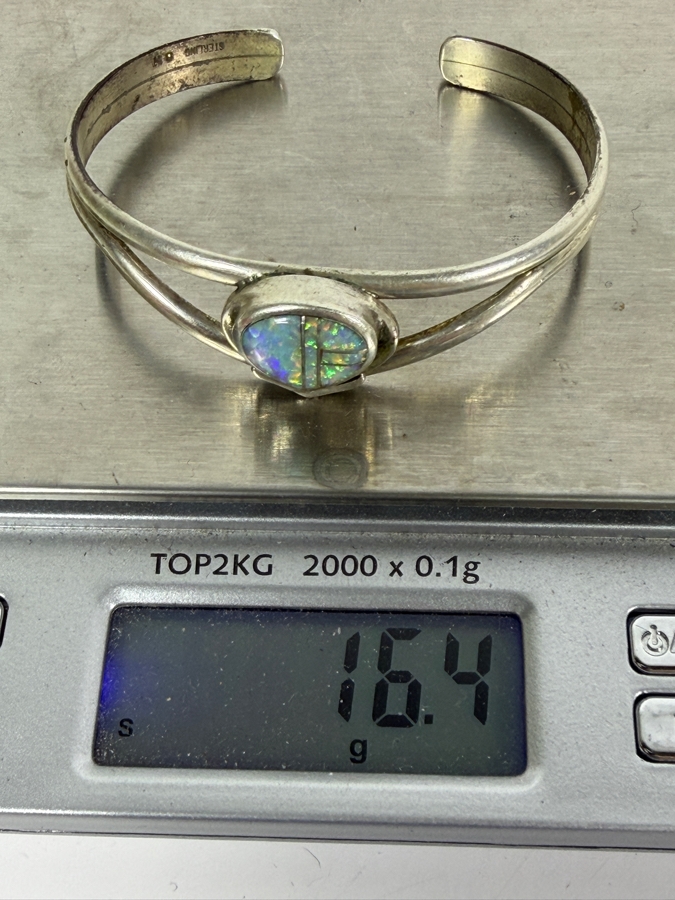 Vintage Native American Sterling Silver and Opal Channel Inlay Cuff Bracelet 2 1/8'W 16.4g [Photo 9]