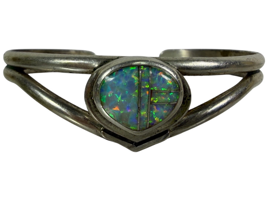Vintage Native American Sterling Silver and Opal Channel Inlay Cuff Bracelet 2 1/8'W 16.4g