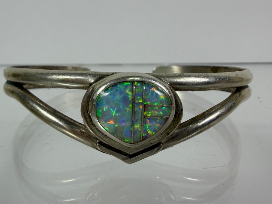 Vintage Native American Sterling Silver and Opal Channel Inlay Cuff Bracelet 2 1/8'W 16.4g [Photo 2]
