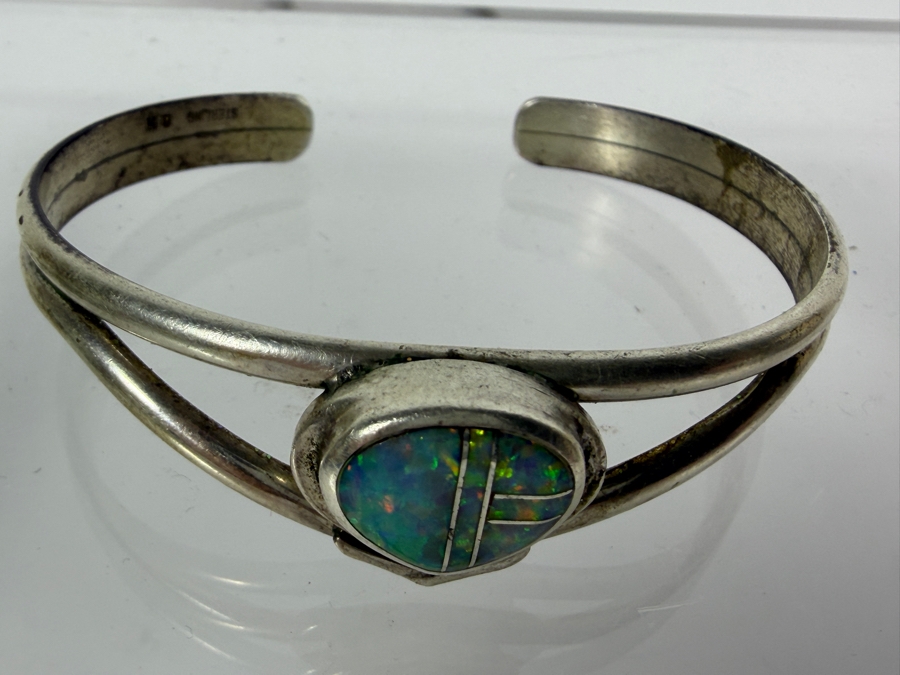 Vintage Native American Sterling Silver and Opal Channel Inlay Cuff Bracelet 2 1/8'W 16.4g [Photo 4]