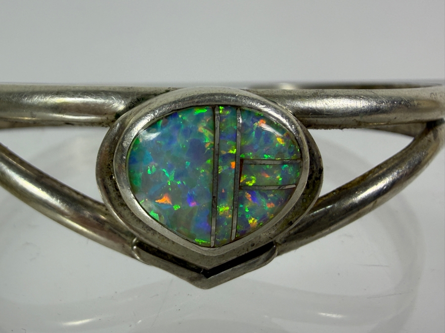 Vintage Native American Sterling Silver and Opal Channel Inlay Cuff Bracelet 2 1/8'W 16.4g [Photo 3]