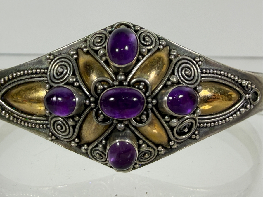 Vintage Sterling Silver Ornate Handcrafted Cuff Bracelet with Five Oval Purple Cabochon Amethysts Embellished with Wire Filigree 2.5'W 15.2g [Photo 3]