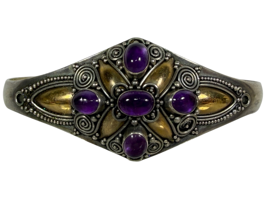 Vintage Sterling Silver Ornate Handcrafted Cuff Bracelet with Five Oval Purple Cabochon Amethysts Embellished with Wire Filigree 2.5'W 15.2g