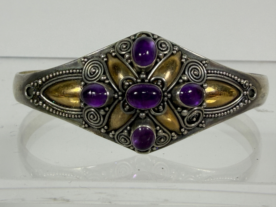 Vintage Sterling Silver Ornate Handcrafted Cuff Bracelet with Five Oval Purple Cabochon Amethysts Embellished with Wire Filigree 2.5'W 15.2g [Photo 2]