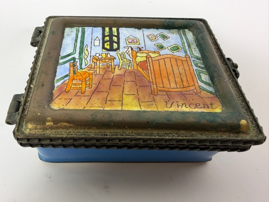 Vintage Kelvin Chen Limited Edition Enameled Copper Trinket Box Featuring a Hand-painted Reproduction of Vincent van Gogh's Bedroom in Arles 3.5W X 2.5D X 1.25H [Photo 2]