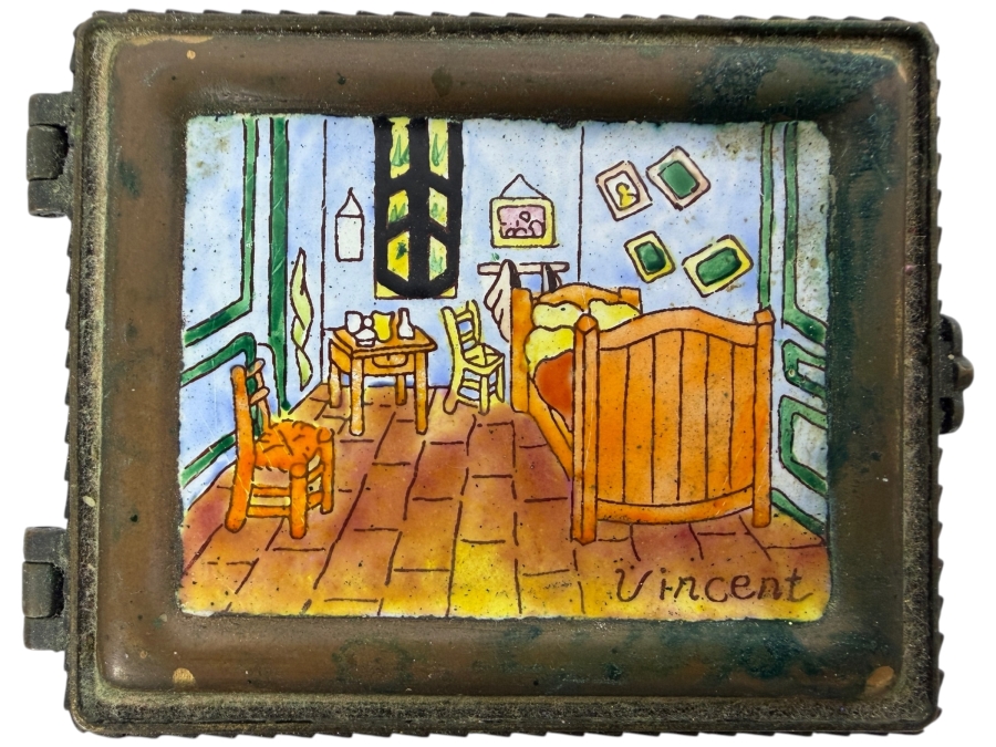 Vintage Kelvin Chen Limited Edition Enameled Copper Trinket Box Featuring a Hand-painted Reproduction of Vincent van Gogh's Bedroom in Arles 3.5W X 2.5D X 1.25H