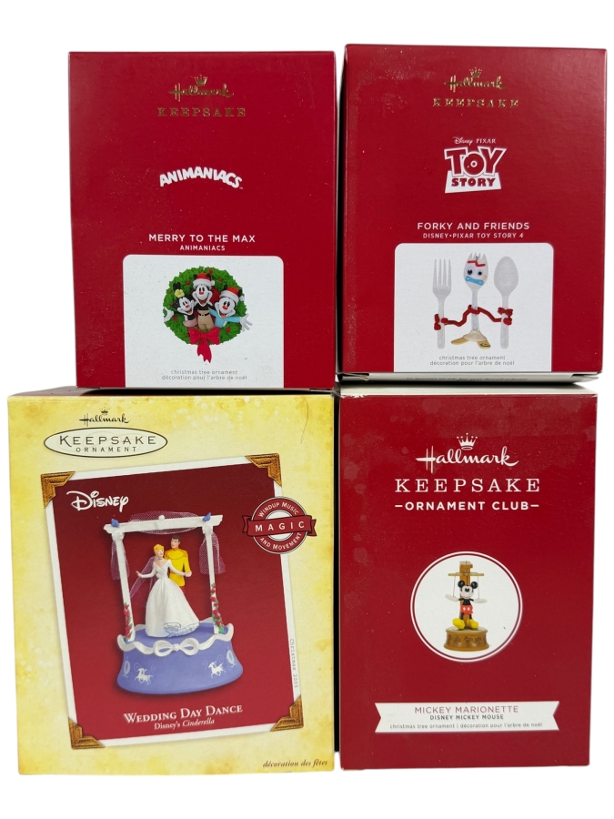 Just Added - Hallmark Keepsake Christmas Ornament Lot Of 4 2005 Disney Cinderella Wedding Day Dance 2019 Mickey Marionette 2021 Animaniacs Merry To The Max 2021 Toy Story Forky And Friends New In Box
