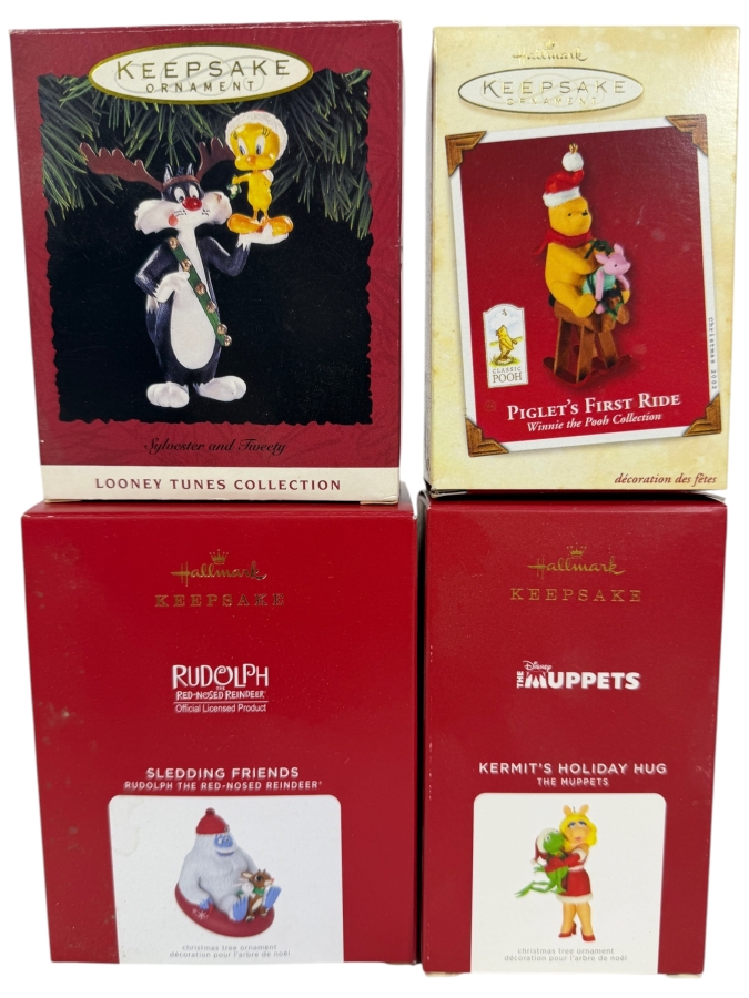 Just Added - Hallmark Keepsake Christmas Ornament Lot Of 4 1993 Looney Tunes Sylvester Tweety 2002 Pooh Piglets First Ride 2021 Rudolph Sledding Friends 2021 Muppets Kermits Holiday Hug New In Box