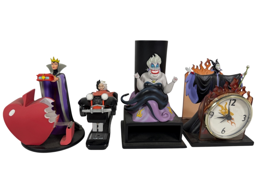 Just Added - Disney Catalog Store Exclusive Villains 4 Piece Hand Painted Sculpted Resin Desk Office Accessories Set Evil Queen Tape Dispenser Cruella Stapler Ursula Pen Pencil Holder Maleficent Clock 4' - 6'H