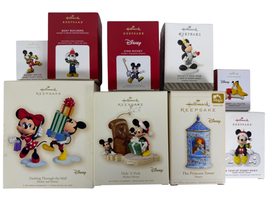 Just Added - New Hallmark Keepsake Disney Christmas Ornament Big Lot Of 9, Mickey Minnie, Princess Tower, Cinderella, King Mickey, Kingdom Hearts, Dashing Through The Mall, Hide N Peek, Pluto, Magic New In Box