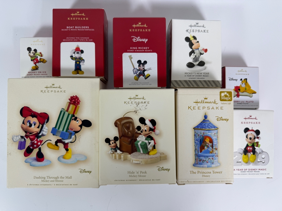 Just Added - New Hallmark Keepsake Disney Christmas Ornament Big Lot Of 9, Mickey Minnie, Princess Tower, Cinderella, King Mickey, Kingdom Hearts, Dashing Through The Mall, Hide N Peek, Pluto, Magic New In Box [Photo 2]