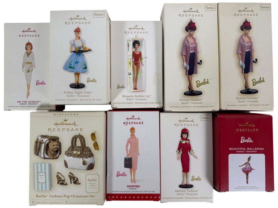 Just Added - New Hallmark Keepsake Vintage Fashion Barbie Christmas Ornament Big Lot Of 9, Friday Night Date, Roman Holiday, Brunette Bubble Cut, Fashion Pup, On The Avenue, Shopping, Matinee, Ballerina New In Box