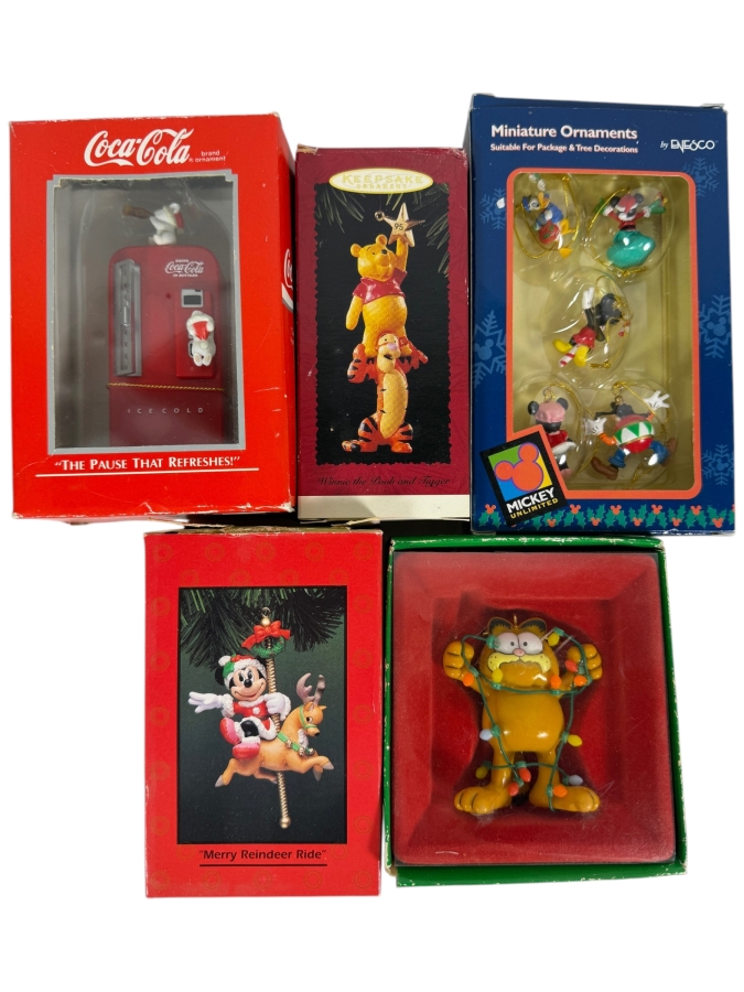 Just Added - New Vintage Christmas Ornament Lot Of 5, 1993 Coca Cola The Pause That Refreshes, 1995 Hallmark Winnie The Pooh Tigger, Enesco Enesco Disney Mickey Unlimited Mini, 1997 Mickey Merry Reindeer Ride, Garfield Christmas Lights New In Box