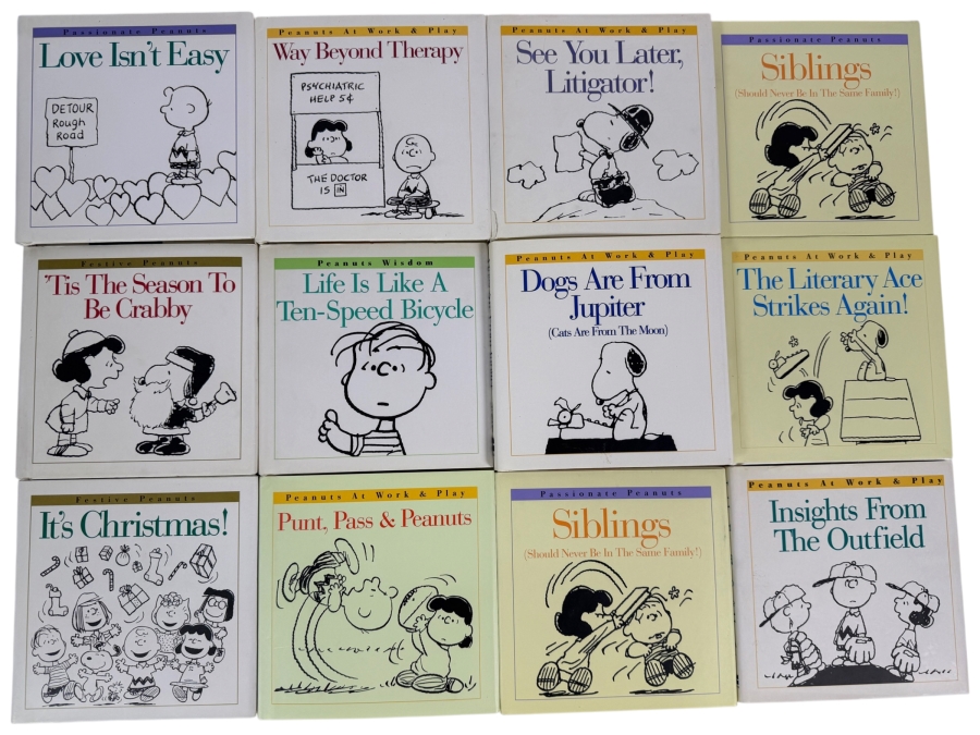 Just Added - Vintage Peanuts Charlie Brown Miniature Book Big Lot Of 12, Love Isnt Easy, Way Beyond Therapy, See You Later Litigator, Siblings, Tis The Season To Be Crabby, Life Is Like A Ten Speed Bicycle