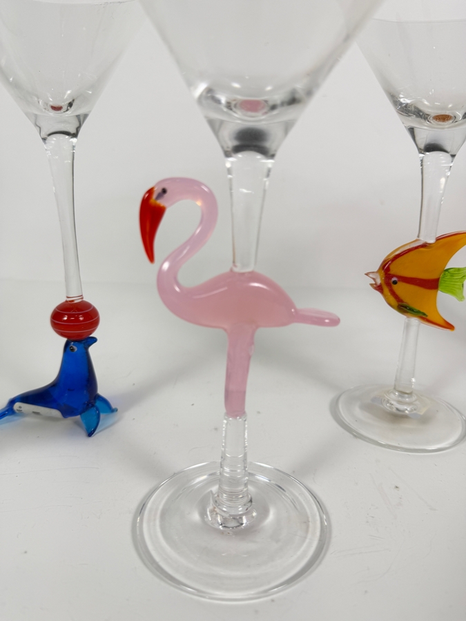Just Added - Z Gallerie Novelty Art Glass Martini Glasses Featuring Sculpted Flamingo Fish And Balancing Seal Stems Set Of Six 9'H [Photo 2]