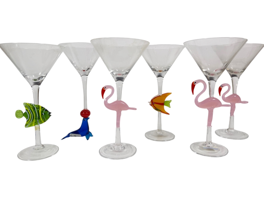 Just Added - Z Gallerie Novelty Art Glass Martini Glasses Featuring Sculpted Flamingo Fish And Balancing Seal Stems Set Of Six 9'H
