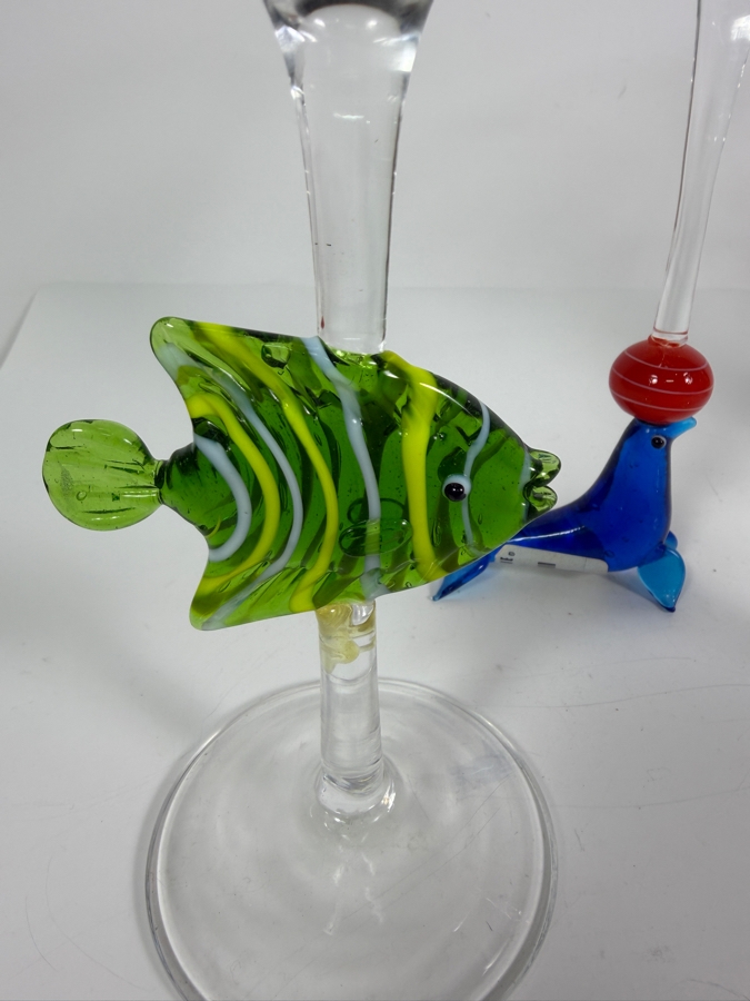 Just Added - Z Gallerie Novelty Art Glass Martini Glasses Featuring Sculpted Flamingo Fish And Balancing Seal Stems Set Of Six 9'H [Photo 5]