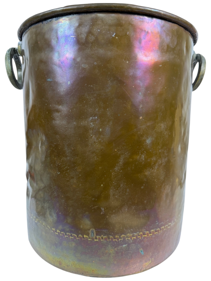 Just Added - Antique Hand Hammered Frisian Copper Nail Bucket With Dovetail Seams And Brass Ring Side Handles 13'W X 15'H