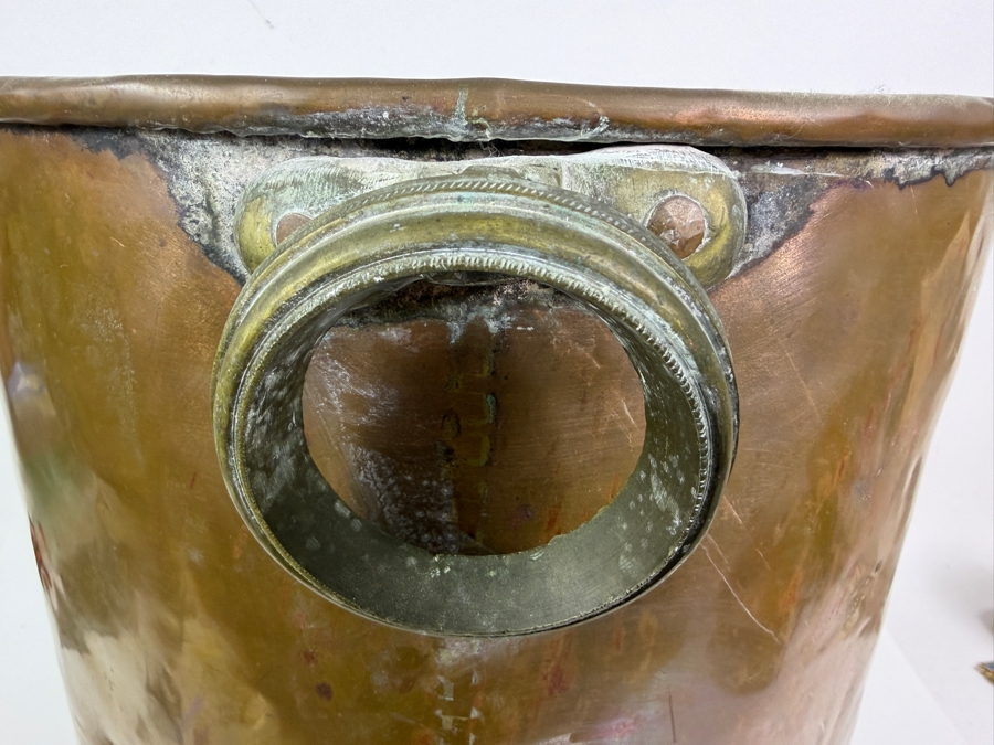 Just Added - Antique Hand Hammered Frisian Copper Nail Bucket With Dovetail Seams And Brass Ring Side Handles 13'W X 15'H [Photo 4]