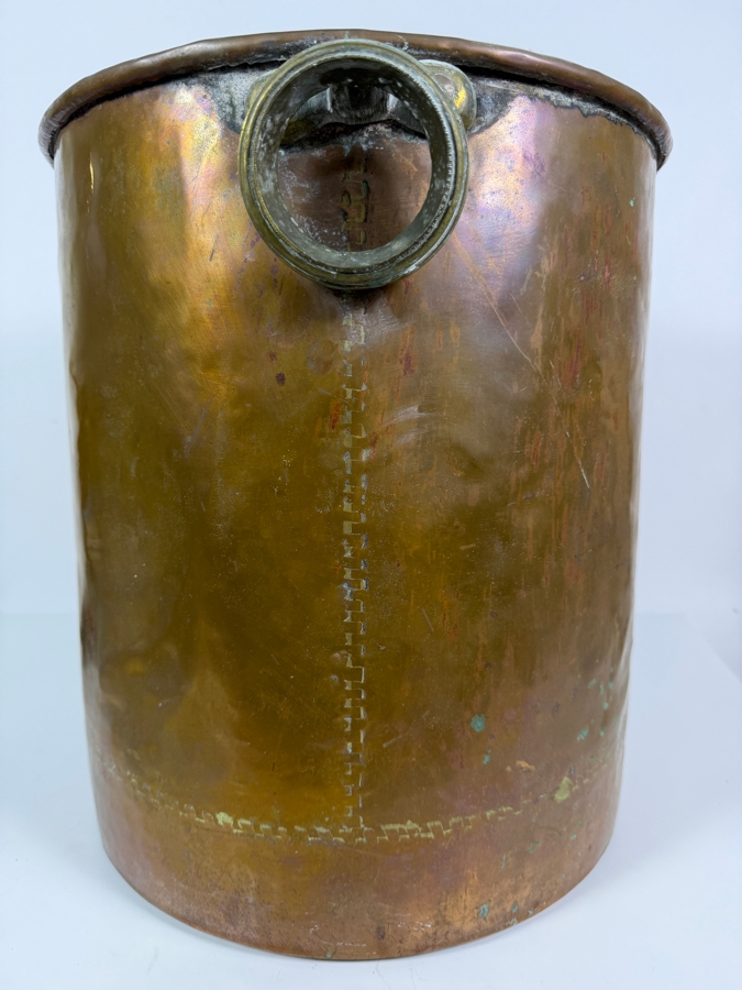 Just Added - Antique Hand Hammered Frisian Copper Nail Bucket With Dovetail Seams And Brass Ring Side Handles 13'W X 15'H [Photo 2]