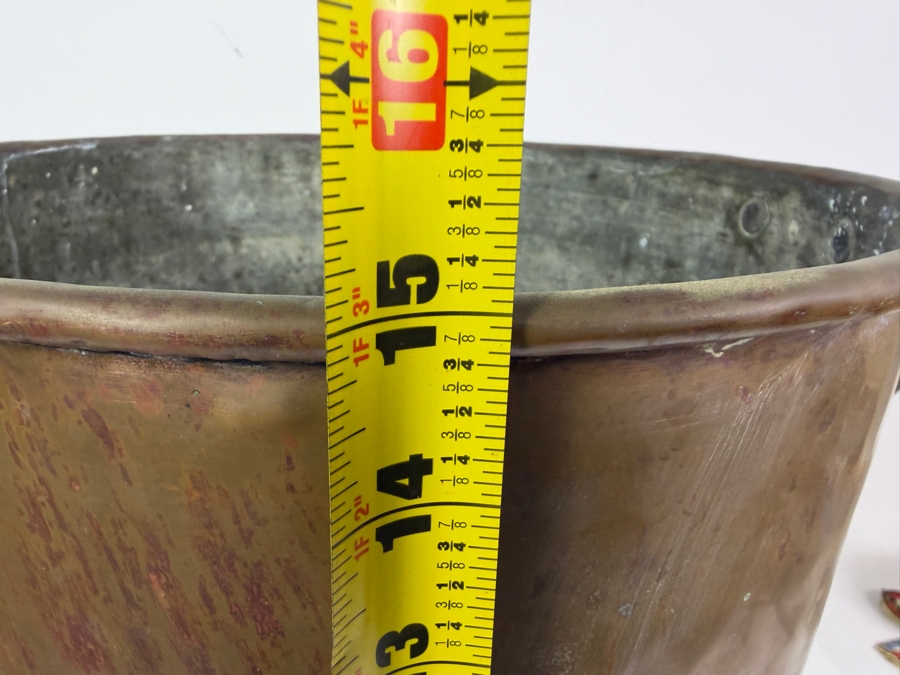 Just Added - Antique Hand Hammered Frisian Copper Nail Bucket With Dovetail Seams And Brass Ring Side Handles 13'W X 15'H [Photo 8]