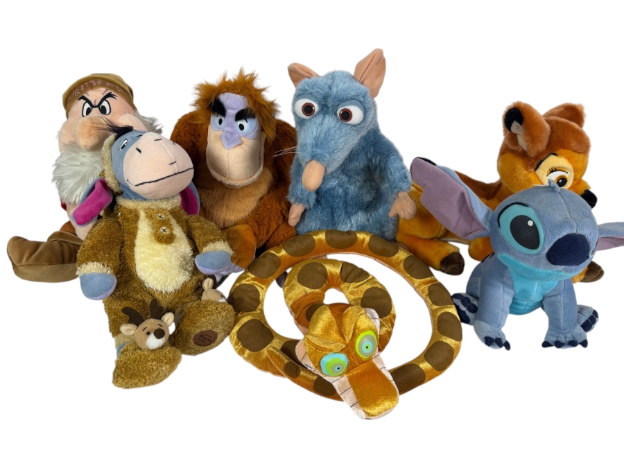 Just Added - Disney Store Stuffed Animal Plush Big Lot Of 7, Winnie The Pooh Eeyore Reindeer Costume, Ratatouille Remy, Lilo And Stitch, The Jungle Book Kaa Snake, King Louie, Snow White Grumpy