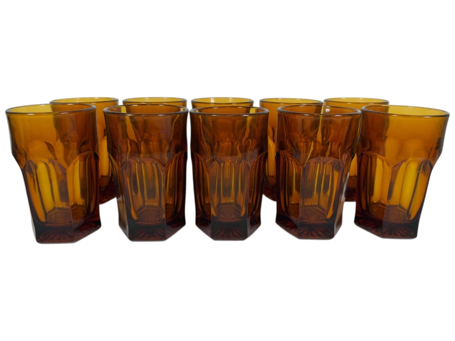 Just Added - (10) Vintage Duralex Picardie Amber Glass Fluted Tumbler Mid Century Modern French Bistro Style, Tempered Thick Drinking Water Goblet Juice Cup Barware 5 1/8'H
