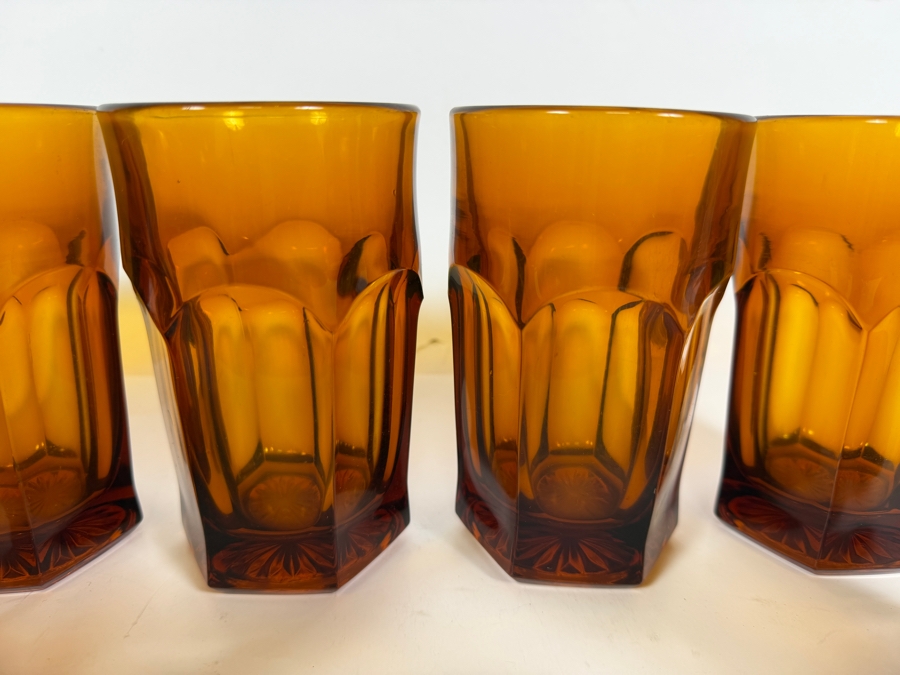 Just Added - (10) Vintage Duralex Picardie Amber Glass Fluted Tumbler Mid Century Modern French Bistro Style, Tempered Thick Drinking Water Goblet Juice Cup Barware 5 1/8'H [Photo 4]