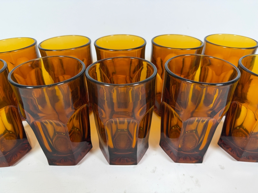 Just Added - (10) Vintage Duralex Picardie Amber Glass Fluted Tumbler Mid Century Modern French Bistro Style, Tempered Thick Drinking Water Goblet Juice Cup Barware 5 1/8'H [Photo 3]