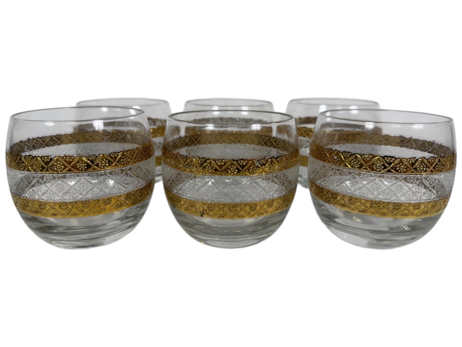 Just Added - Vintage Culver Valencia 22k Gold Textured Diamond Diamond Pattern Roly Poly Cocktail Glasses Set Of 6, Mid Century Modern Lowball Whiskey Tumbler Barware Made In USA 3.25'H