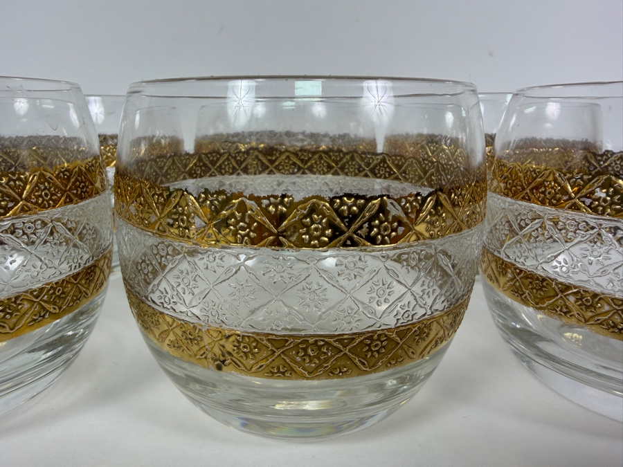 Just Added - Vintage Culver Valencia 22k Gold Textured Diamond Diamond Pattern Roly Poly Cocktail Glasses Set Of 6, Mid Century Modern Lowball Whiskey Tumbler Barware Made In USA 3.25'H [Photo 5]