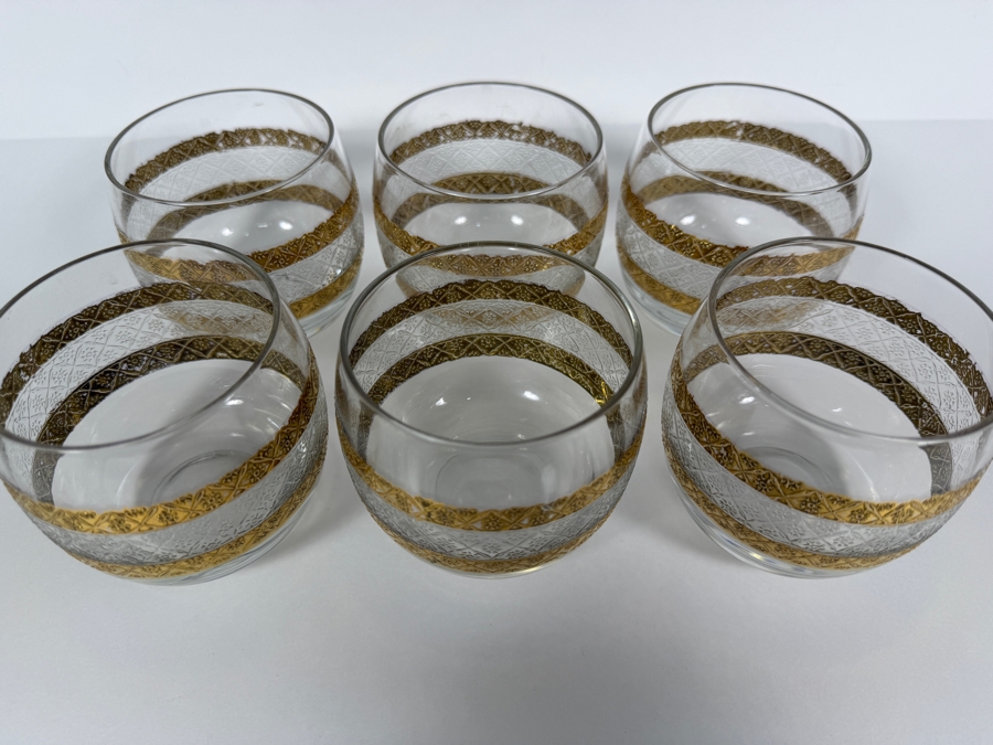 Just Added - Vintage Culver Valencia 22k Gold Textured Diamond Diamond Pattern Roly Poly Cocktail Glasses Set Of 6, Mid Century Modern Lowball Whiskey Tumbler Barware Made In USA 3.25'H [Photo 4]