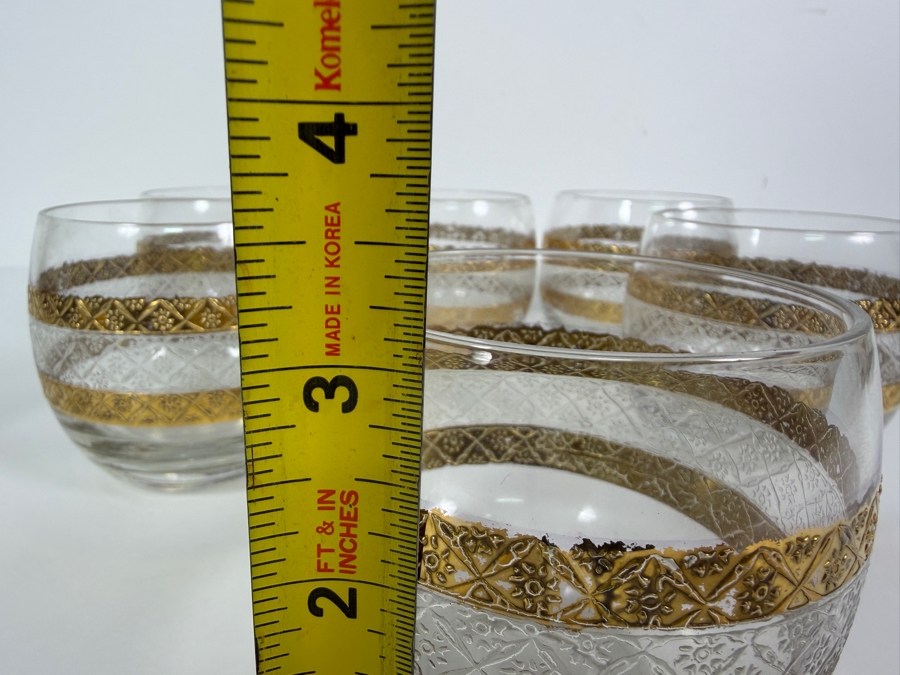 Just Added - Vintage Culver Valencia 22k Gold Textured Diamond Diamond Pattern Roly Poly Cocktail Glasses Set Of 6, Mid Century Modern Lowball Whiskey Tumbler Barware Made In USA 3.25'H [Photo 6]