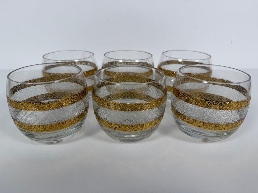 Just Added - Vintage Culver Valencia 22k Gold Textured Diamond Diamond Pattern Roly Poly Cocktail Glasses Set Of 6, Mid Century Modern Lowball Whiskey Tumbler Barware Made In USA 3.25'H [Photo 3]