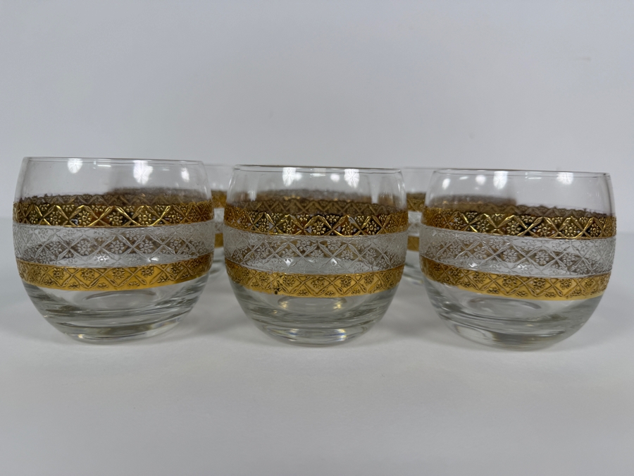 Just Added - Vintage Culver Valencia 22k Gold Textured Diamond Diamond Pattern Roly Poly Cocktail Glasses Set Of 6, Mid Century Modern Lowball Whiskey Tumbler Barware Made In USA 3.25'H [Photo 2]