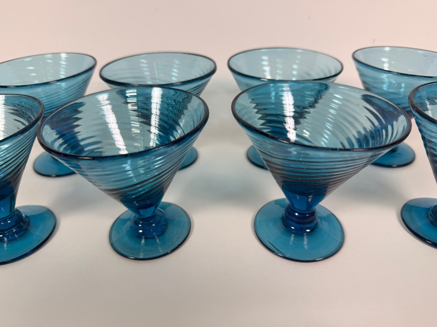 Just Added - Vintage Blue Glass Swirl Optic Martini Cocktail Glasses Set Of 8, Hand Blown Teal Aqua Ribbed Footed V Shaped Dessert Sherbet Champagne Coupes Mid Century Barware 3.75'H [Photo 5]