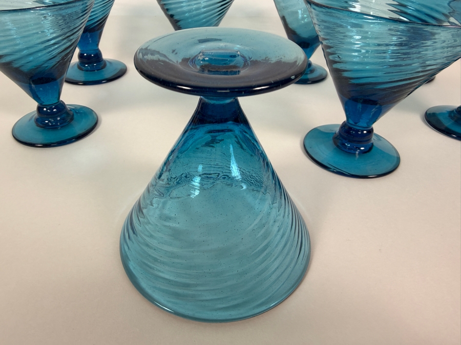 Just Added - Vintage Blue Glass Swirl Optic Martini Cocktail Glasses Set Of 8, Hand Blown Teal Aqua Ribbed Footed V Shaped Dessert Sherbet Champagne Coupes Mid Century Barware 3.75'H [Photo 6]