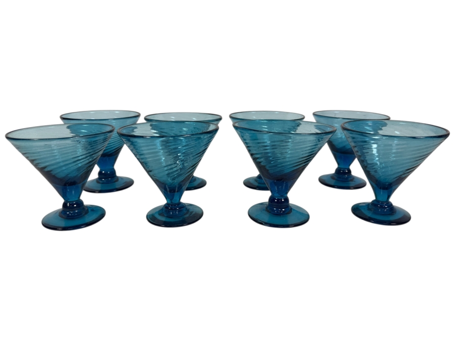 Just Added - Vintage Blue Glass Swirl Optic Martini Cocktail Glasses Set Of 8, Hand Blown Teal Aqua Ribbed Footed V Shaped Dessert Sherbet Champagne Coupes Mid Century Barware 3.75'H