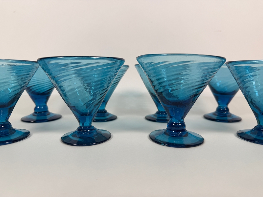 Just Added - Vintage Blue Glass Swirl Optic Martini Cocktail Glasses Set Of 8, Hand Blown Teal Aqua Ribbed Footed V Shaped Dessert Sherbet Champagne Coupes Mid Century Barware 3.75'H [Photo 3]