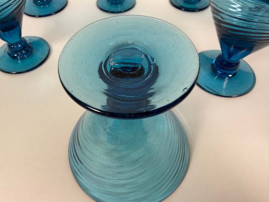 Just Added - Vintage Blue Glass Swirl Optic Martini Cocktail Glasses Set Of 8, Hand Blown Teal Aqua Ribbed Footed V Shaped Dessert Sherbet Champagne Coupes Mid Century Barware 3.75'H [Photo 7]
