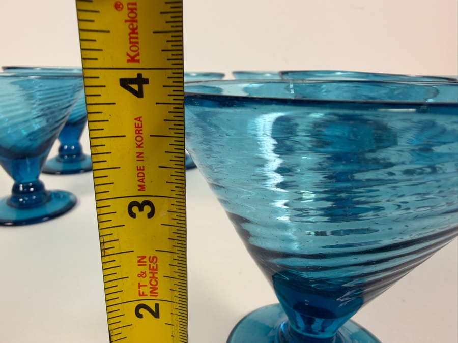 Just Added - Vintage Blue Glass Swirl Optic Martini Cocktail Glasses Set Of 8, Hand Blown Teal Aqua Ribbed Footed V Shaped Dessert Sherbet Champagne Coupes Mid Century Barware 3.75'H [Photo 8]
