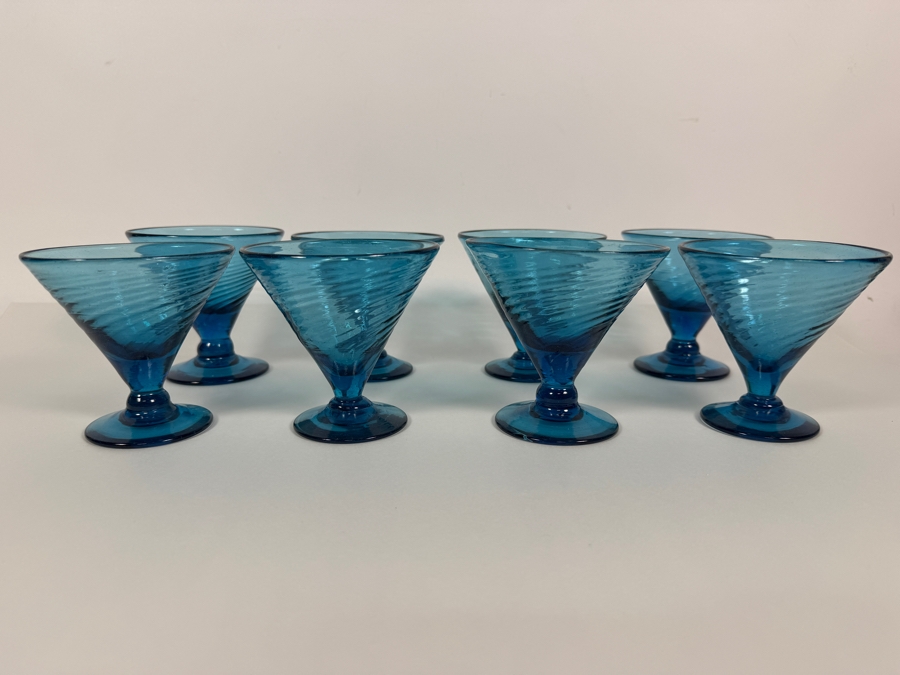 Just Added - Vintage Blue Glass Swirl Optic Martini Cocktail Glasses Set Of 8, Hand Blown Teal Aqua Ribbed Footed V Shaped Dessert Sherbet Champagne Coupes Mid Century Barware 3.75'H [Photo 2]