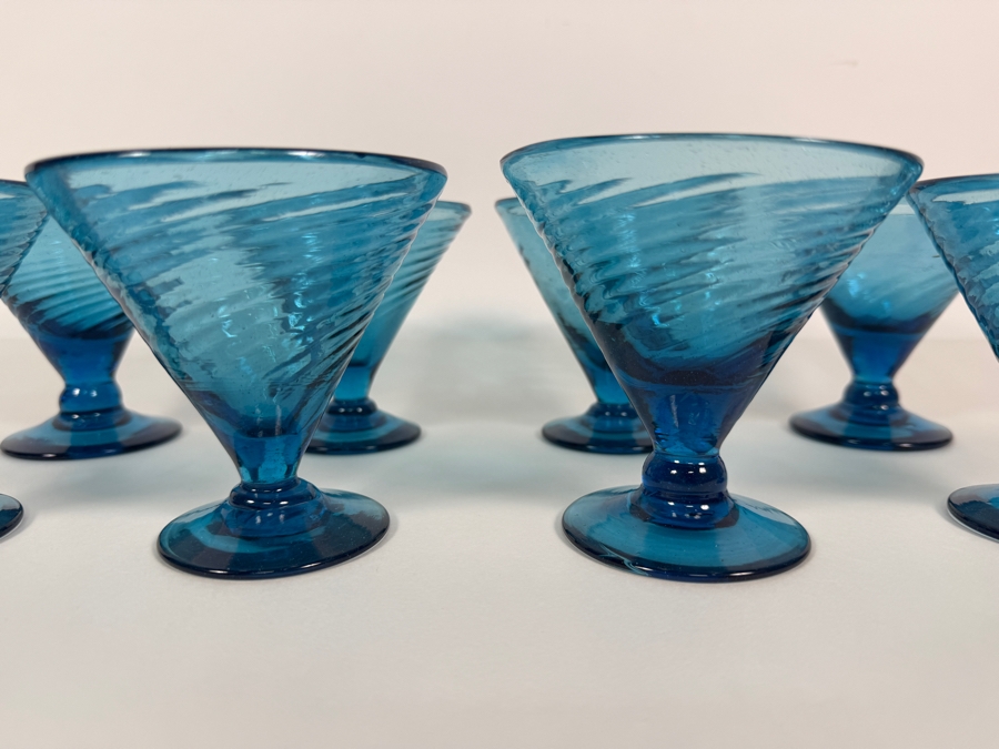 Just Added - Vintage Blue Glass Swirl Optic Martini Cocktail Glasses Set Of 8, Hand Blown Teal Aqua Ribbed Footed V Shaped Dessert Sherbet Champagne Coupes Mid Century Barware 3.75'H [Photo 4]