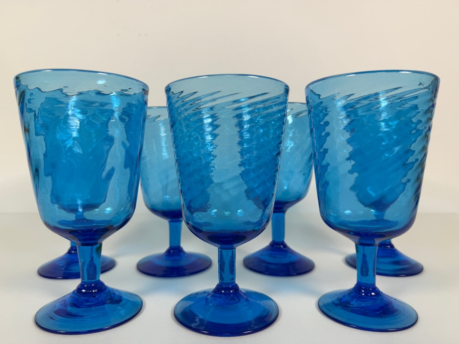 Just Added - Vintage Blue Glass Swirl Optic Stemmed Goblets Set Of 6, Hand Blown Teal Aqua Ribbed Footed Wine Water Cocktail Chalice Glasses Mid Century Modern Cafe Barware 6'H [Photo 3]